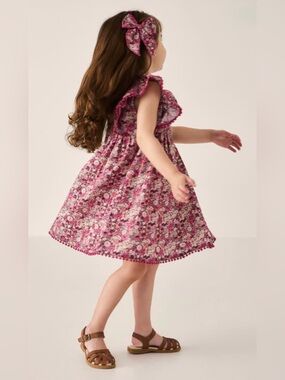 Jamie Kay Girls 2Y Organic Cotton Floral Ruffle Dress Pink Purple Pom Trim